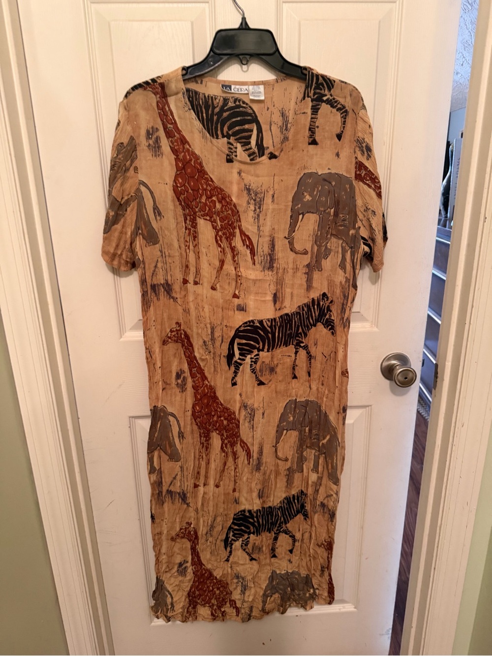 Cera Beige Animal-Print Midi Dress with Giraffe & Zebra